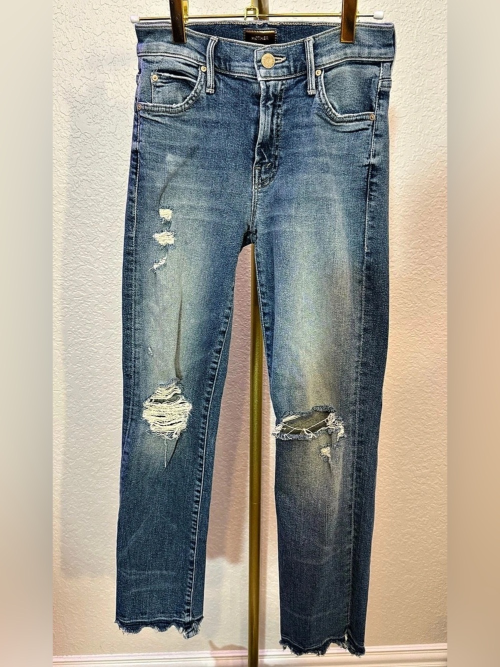 Mother Rascal Ankle Snippet Chew Distressed Skinny Jeans in Blue Waist 24 (B4)
